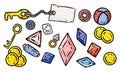 Set of cute cartoon rpg treasure game assets. Comic style board game symbols. Table top game elements. Key, golden coins, crystals