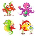 Set of cute cartoon sea animals. Crab, seahorse, starfish, octopus, fishes