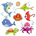 Set of cute cartoon sea animals isolated on white background Royalty Free Stock Photo