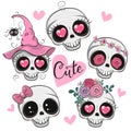 Cute Cartoon skulls with flowers and hearts