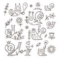 Set with cute cartoon snails and plants. Doodle floral poster. Spring vector collection with insects.