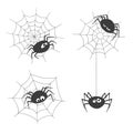 Set of cute cartoon spiders and spiderwebs isolated on white background.