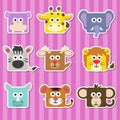 . Set of cute cartoon square wild animals stickers