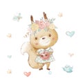 Set of cute cartoon squirrel with apple and flowers and birds and butterflies Royalty Free Stock Photo