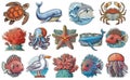 Set of cute cartoon stickers with sea animals, icons underwater life, ocean animals Royalty Free Stock Photo