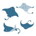 Set of cute cartoon stingrays. Manta ray