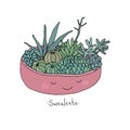 Set with cute cartoon succulents. cactus and aloe in pots.