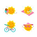 Set of Cute Cartoon Sun Characters. Kawaii Personage on Summer Vacation, Summertime Activity and Spare Time Royalty Free Stock Photo