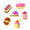 Set of cute cartoon sweet cakes, vector illustration. Colorful collection of cake icons with strawberry on top and Royalty Free Stock Photo