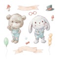 Set of cute cartoon teddy bear and bunny with balloons Royalty Free Stock Photo