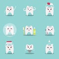 Set of cute cartoon teeth with brush and clean, great for health dental care concept