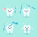 Set of cute cartoon teeth with toothbrush, instrument, toothpaste, brace, heart smiling and shining. Royalty Free Stock Photo