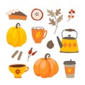 Set of cute cartoon Thanksgiving day icons with pumpkins, pie, coffee, cinnamon spice and oak leaves. Fall season Royalty Free Stock Photo