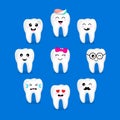 Set of cute cartoon tooth emoticons with different facial expressions. Royalty Free Stock Photo