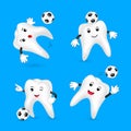 Set of cute cartoon tooth playing soccer ball.