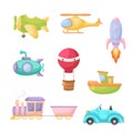 Set of cute cartoon transport. Collection of vehicles for design of childrens book, album, baby shower, greeting card, party Royalty Free Stock Photo