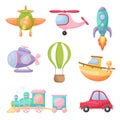 Set of cute cartoon transport. Collection of vehicles for design of childrens book, album, baby shower, greeting card, party Royalty Free Stock Photo