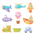 Set of cute cartoon transport. Collection of vehicles for design of childrens book, album, baby shower, greeting card, party Royalty Free Stock Photo