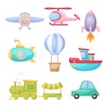 Set of cute cartoon transport. Collection of vehicles for design of childrens book, album, baby shower, greeting card, party Royalty Free Stock Photo