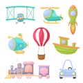 Set of cute cartoon transport. Collection of vehicles for design of childrens book, album, baby shower, greeting card, party Royalty Free Stock Photo
