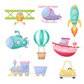 Set of cute cartoon transport. Collection of vehicles for design of childrens book, album, baby shower, greeting card, party Royalty Free Stock Photo