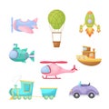 Set of cute cartoon transport. Collection of vehicles for design of kids rooms, clothing, album, card, baby shower, birthday Royalty Free Stock Photo