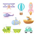 Set of cute cartoon transport. Collection of vehicles for design of kids rooms, clothing, album, card, baby shower, birthday