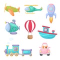 Set of cute cartoon transport. Collection of vehicles for design of kids rooms, clothing, album, card, baby shower, birthday Royalty Free Stock Photo