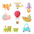 Set of cute cartoon transport. Collection of vehicles for design of kids rooms, clothing, album, card, baby shower, birthday Royalty Free Stock Photo