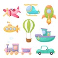 Set of cute cartoon transport. Collection of vehicles for design of kids rooms, clothing, album, card, baby shower, birthday Royalty Free Stock Photo