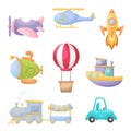 Set of cute cartoon transport. Collection of vehicles for design of kids rooms, clothing, album, card, baby shower, birthday Royalty Free Stock Photo