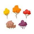 Set of cute cartoon trees and bushes with foliage in warm vibrant colors. With shadows and texture effect. For stickers, posters,