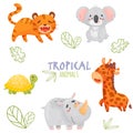 Color set cute tropical animals isolated background. Stylized inscription and sketch of tree leaves