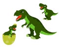 A set of cute cartoon tyrannosaurus dinosaurs, a baby in an egg and an adult dinosaur. vector Royalty Free Stock Photo