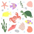 Set of cute cartoon underwater elements. Sea life Royalty Free Stock Photo