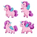 Set of cute cartoon unicorns, fantasy little beautiful horsees for game design. Royalty Free Stock Photo