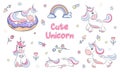 Set of cute cartoon unicorns with magic elements. Vector illustration isolated on a white background. Birthday, party Royalty Free Stock Photo