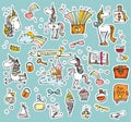 Set of cute cartoon unicorns with magic elements. Vector isolated illustration. For postcard, posters, nursery design Royalty Free Stock Photo