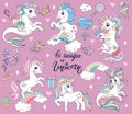 Set of cute cartoon unicorns and sea unicorns vector illustration