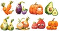 Set of cute cartoon vegatables and fruits with funny faces. Isolated PNG clipart, watercolor illustration. Generative AI