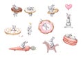 Set of cute cartoon watercolor bunny