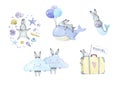 Set of cute cartoon watercolor bunny