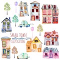 Set of the cute cartoon watercolor english houses, cars and trees