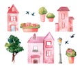 Set of cute cartoon watercolor houses, flower beds and trees
