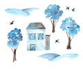 Set of cute cartoon watercolor houses, snowy trees, snowdrifts