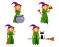 A set of cute cartoon witches in hats. vector isolated on a white background