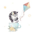 Set of cute cartoon zebra with a kite. Watercolor illustration Royalty Free Stock Photo