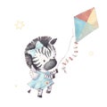 Set of cute cartoon zebra with a kite. Watercolor illustration Royalty Free Stock Photo