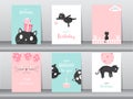 Set of cute cat on birthday backgrounds.Design for kid cards,Vector illustrations.