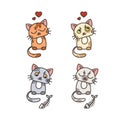 Set of cute cat characters. Satisfied fed kittens. Wary fishbone.